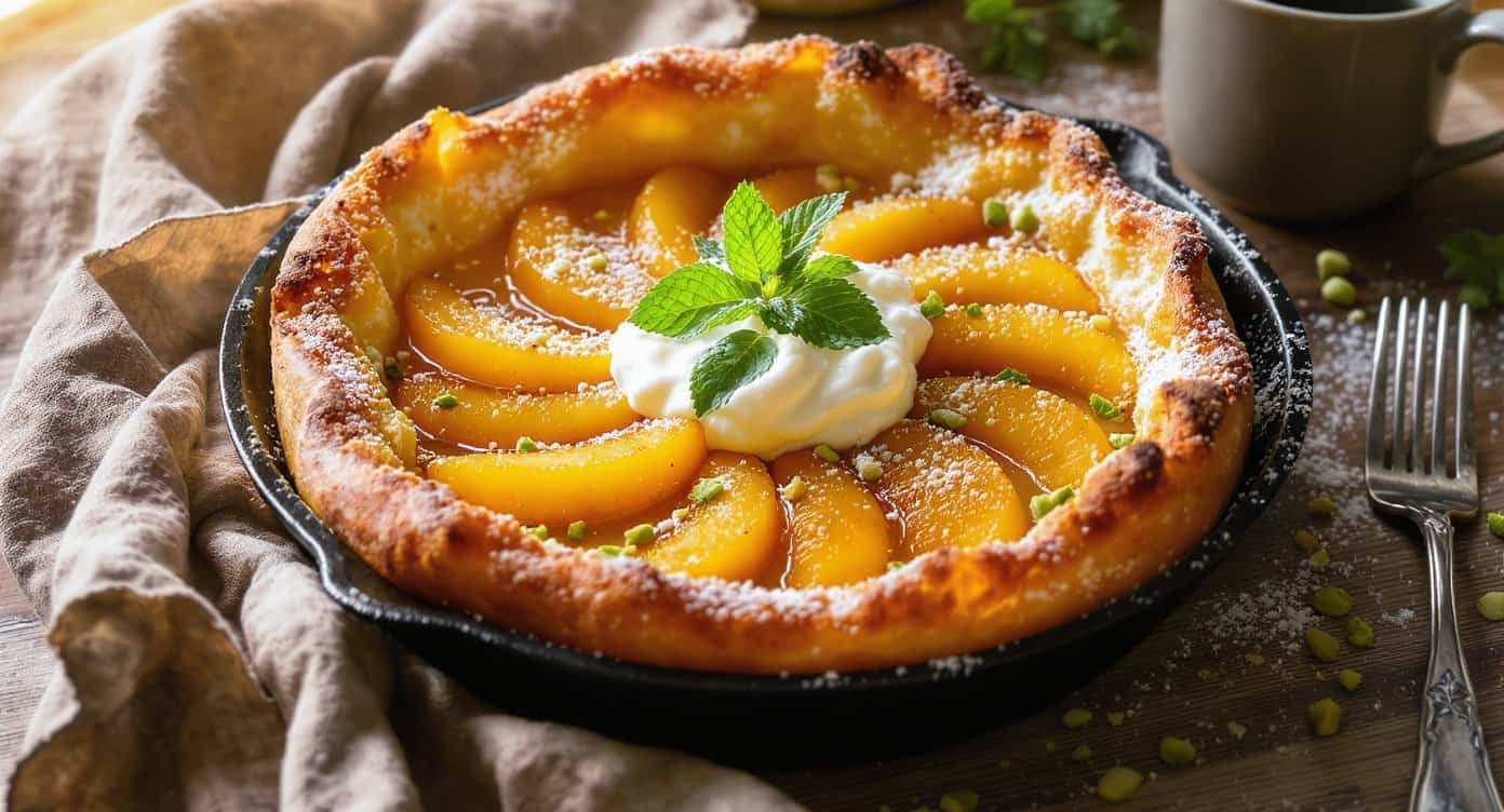 Brown Butter Cardamom Dutch Baby with Roasted Stone Fruit and Pistachio Crumble