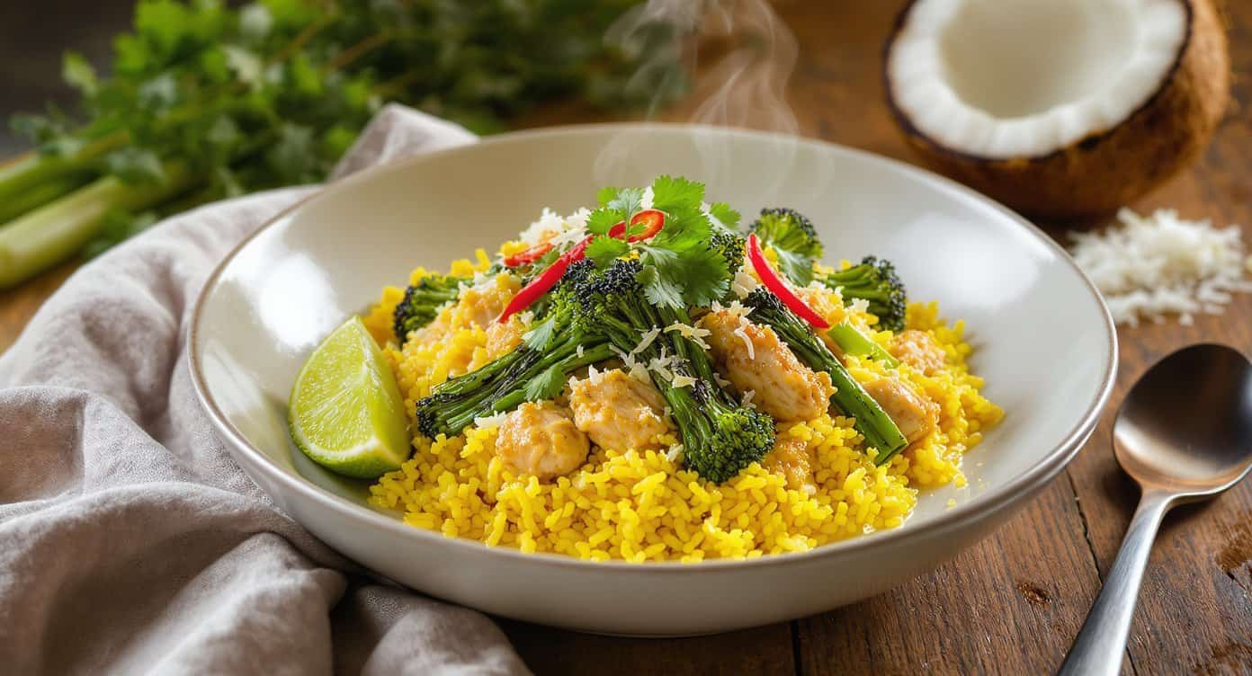 Coconut Lemongrass Chicken Bowls with Turmeric Rice and Charred Broccolini