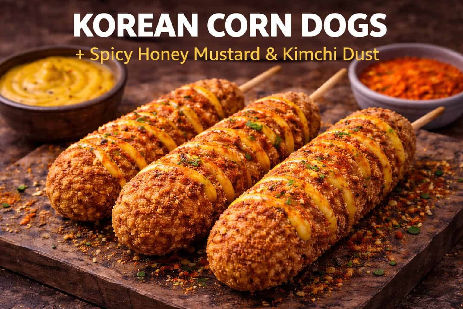 Korean Corn Dogs with Spicy Honey Mustard and Kimchi Dust